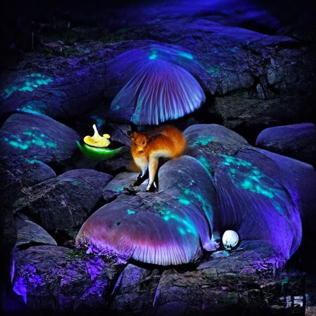 Fox on Mushroom in Bioluminescent Cave