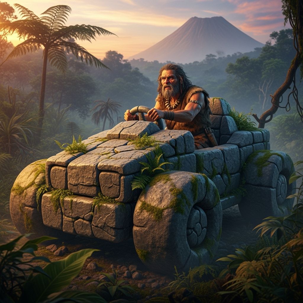 Prehistoric Man Drives Stone Car