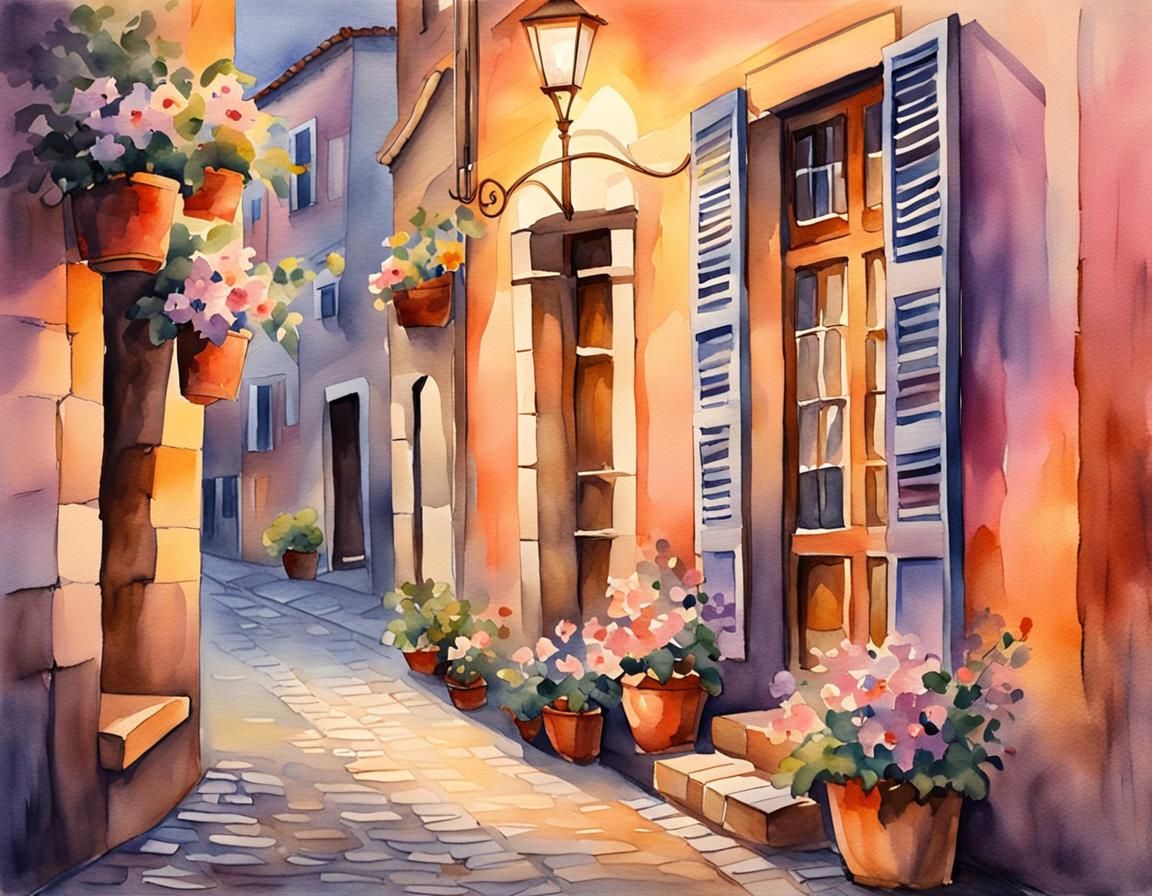 Tranquil Tuscan Street at Night: Watercolor Painting