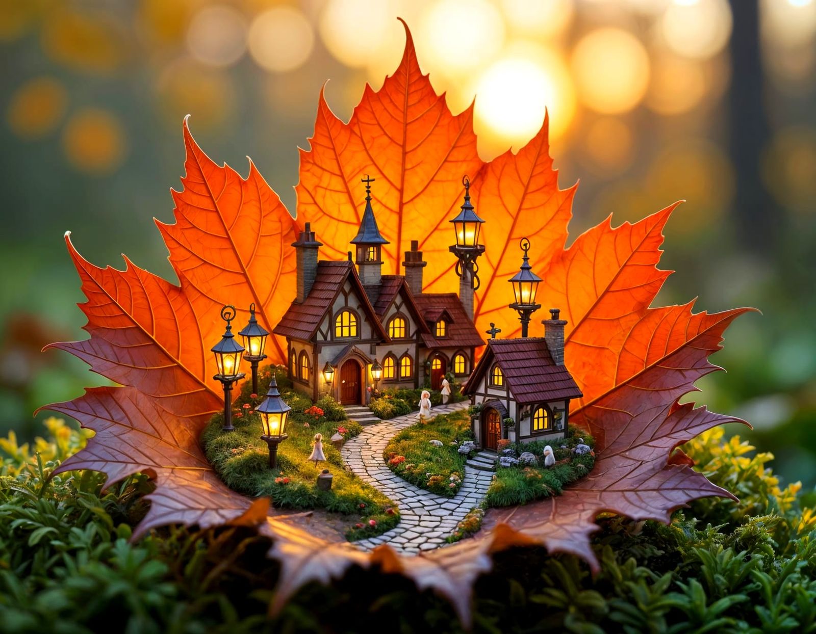 Magical Autumn Leaf Village with Lanterns and Fairies