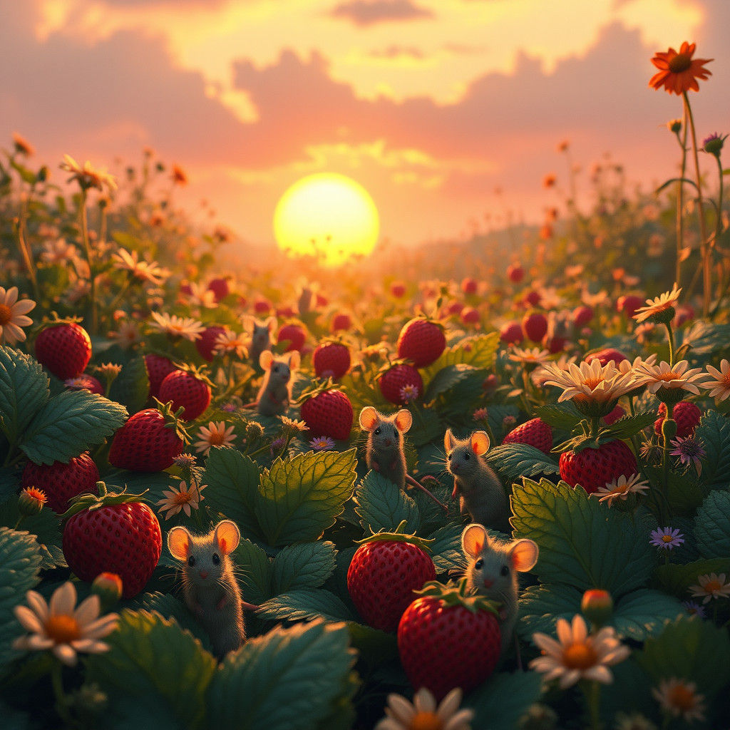 Whimsical Strawberry Field Teeming with Mice