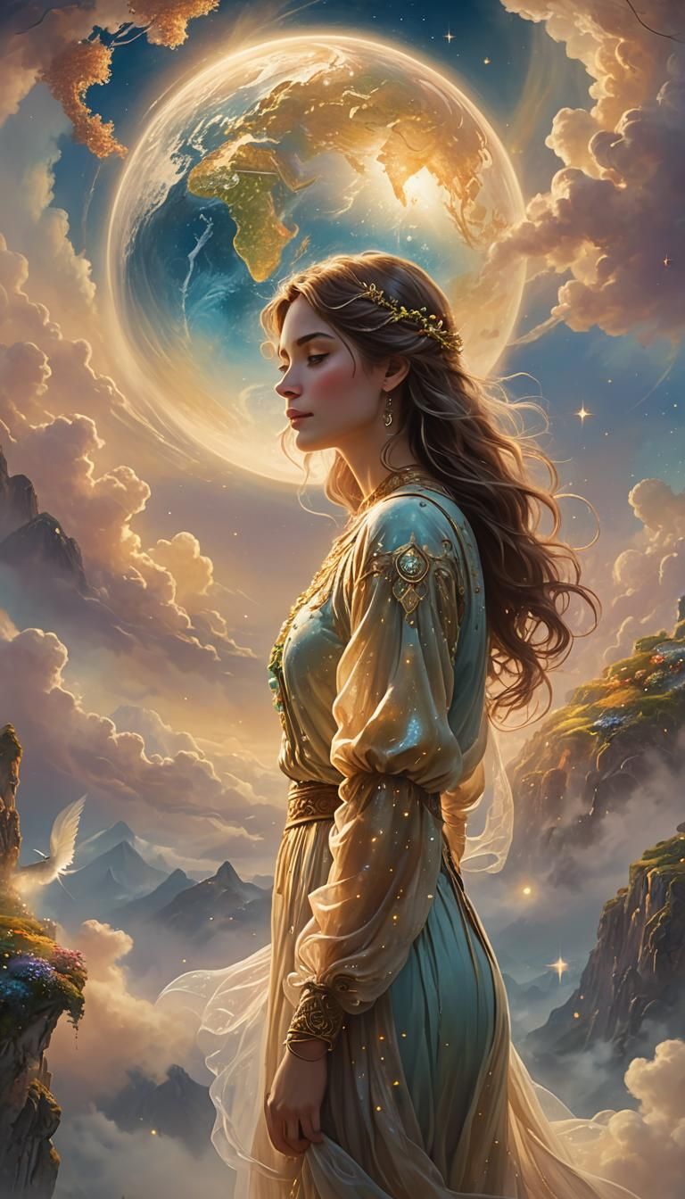 Woman Embracing Earth in Ethereal Golden Light