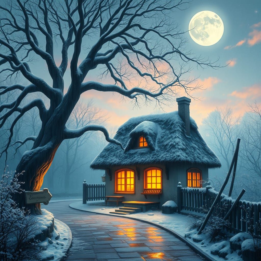 Whimsical Cottage Scene in Soft, Golden Light