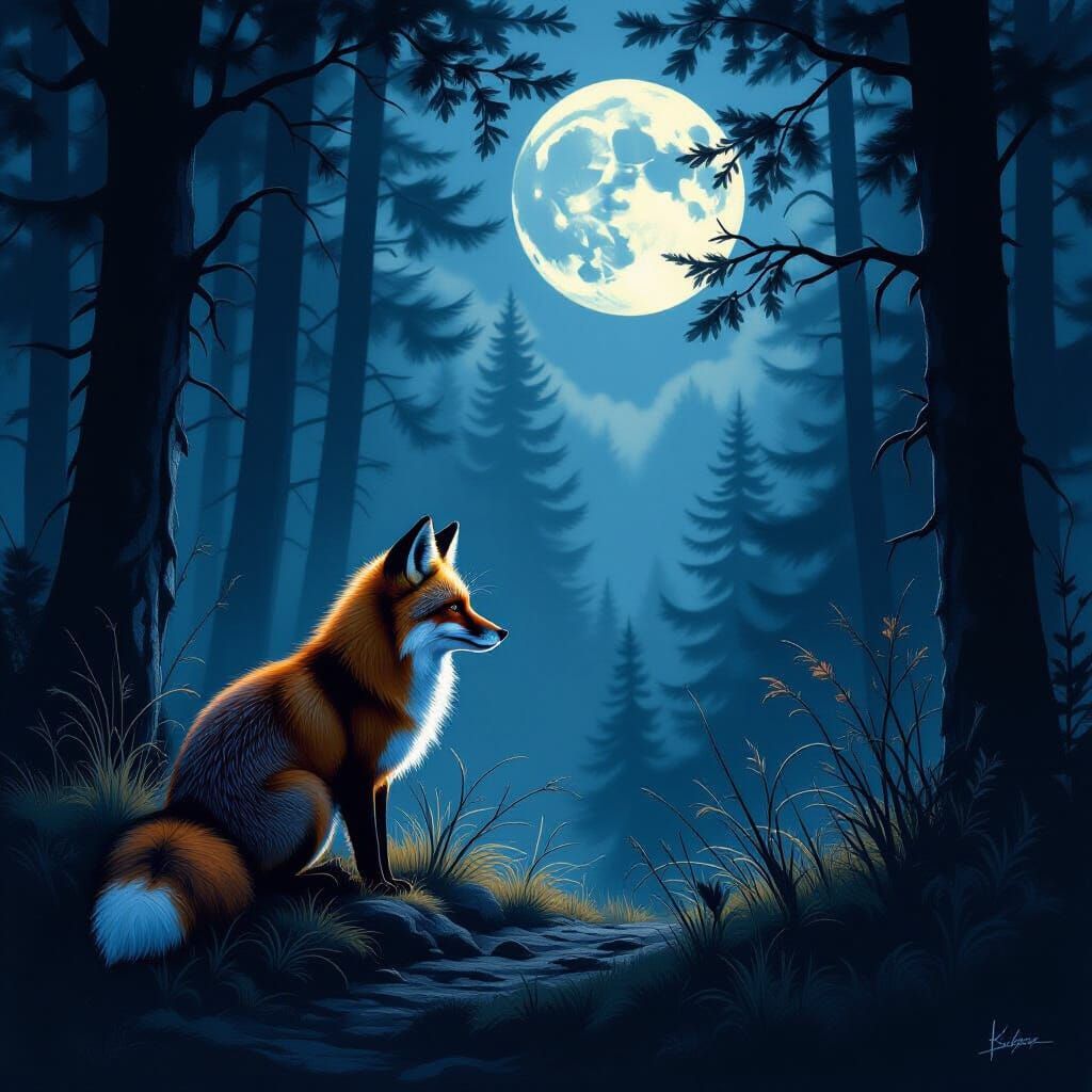 Mysterious Fox in Moonlit Forest, Dark Fantasy Art