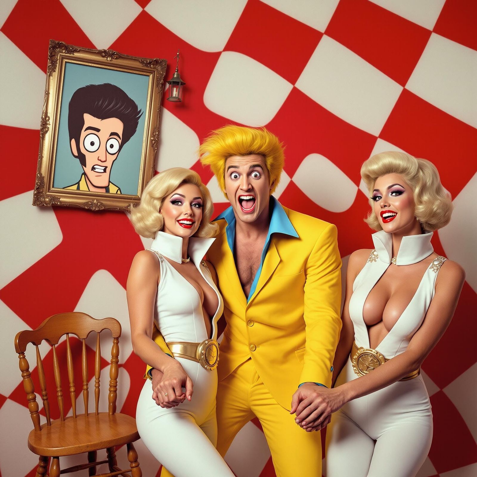 Retro Revellers in Vibrant Checkerboard Chaos