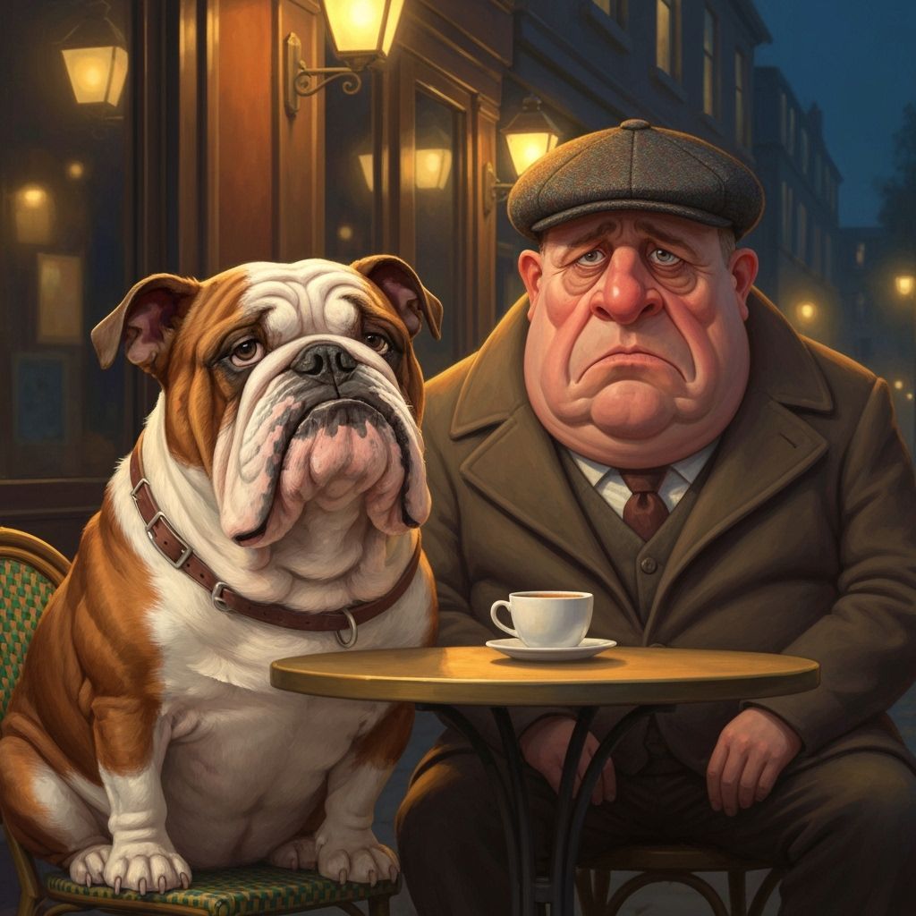 Bulldog and Owner Share Whimsical Cafe Portrait