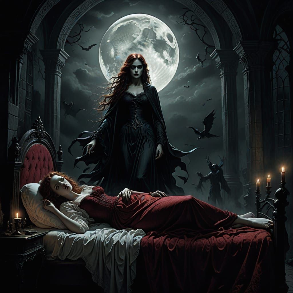 Gothic Romance: Woman on Bed in Ethereal Light