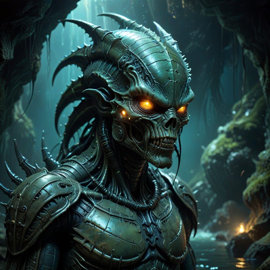 Dark Fantasy Angler in Eerie Underwater Cave