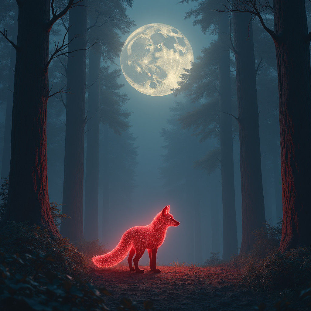 Glowing Fox Under Giant Moon in Fantasy Forest