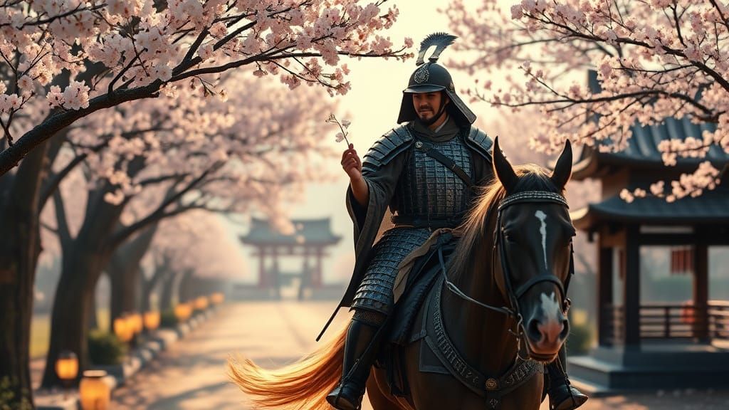 Romantic Samurai and Geisha in Cherry Blossom Garden