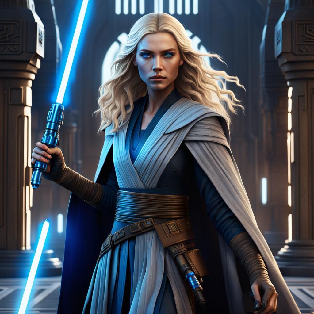 Female Jedi with Blue Lightsaber in Temple