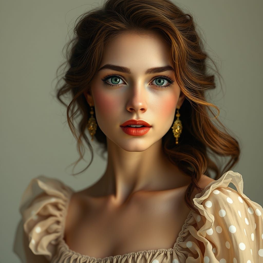 Woman in Beige Polka Dot Dress, Detailed Portrait