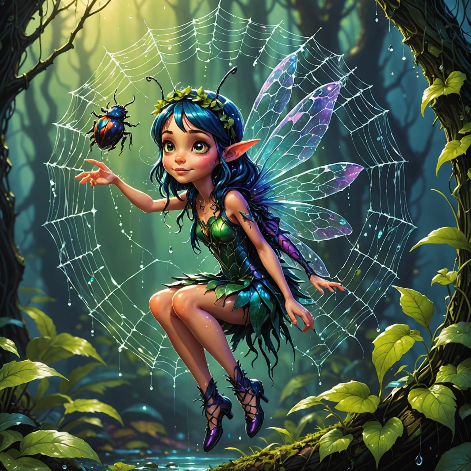 Tiny Fairy Rides Giant Beetle Through Dewy Spiderweb Canopy