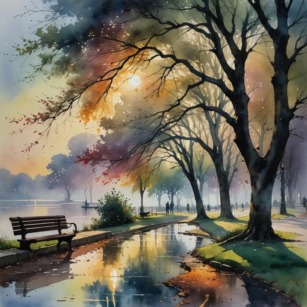 Foggy Park Morning: A Detailed Watercolor Painting