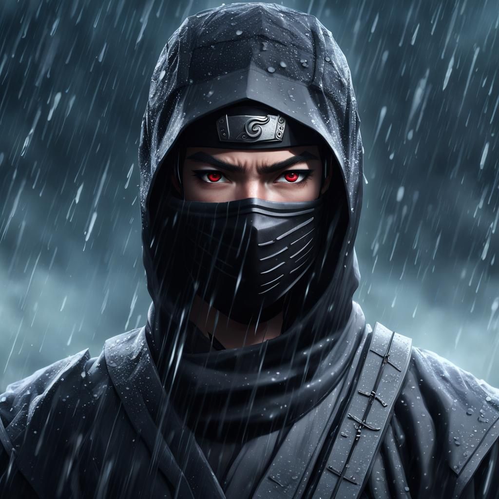 Ninja in Rainstorm with Sharingan: 3D Anime Art