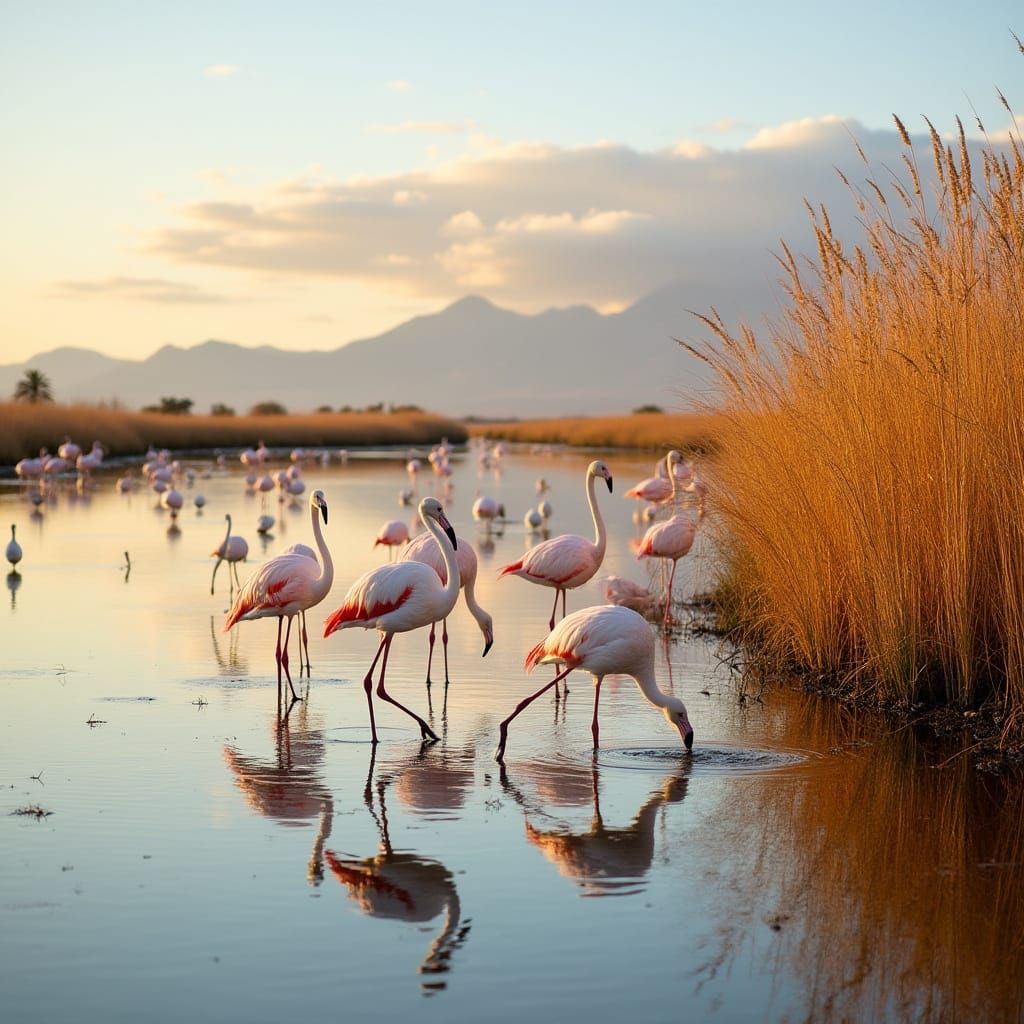 Serene Wetland Sunset with Flamingos