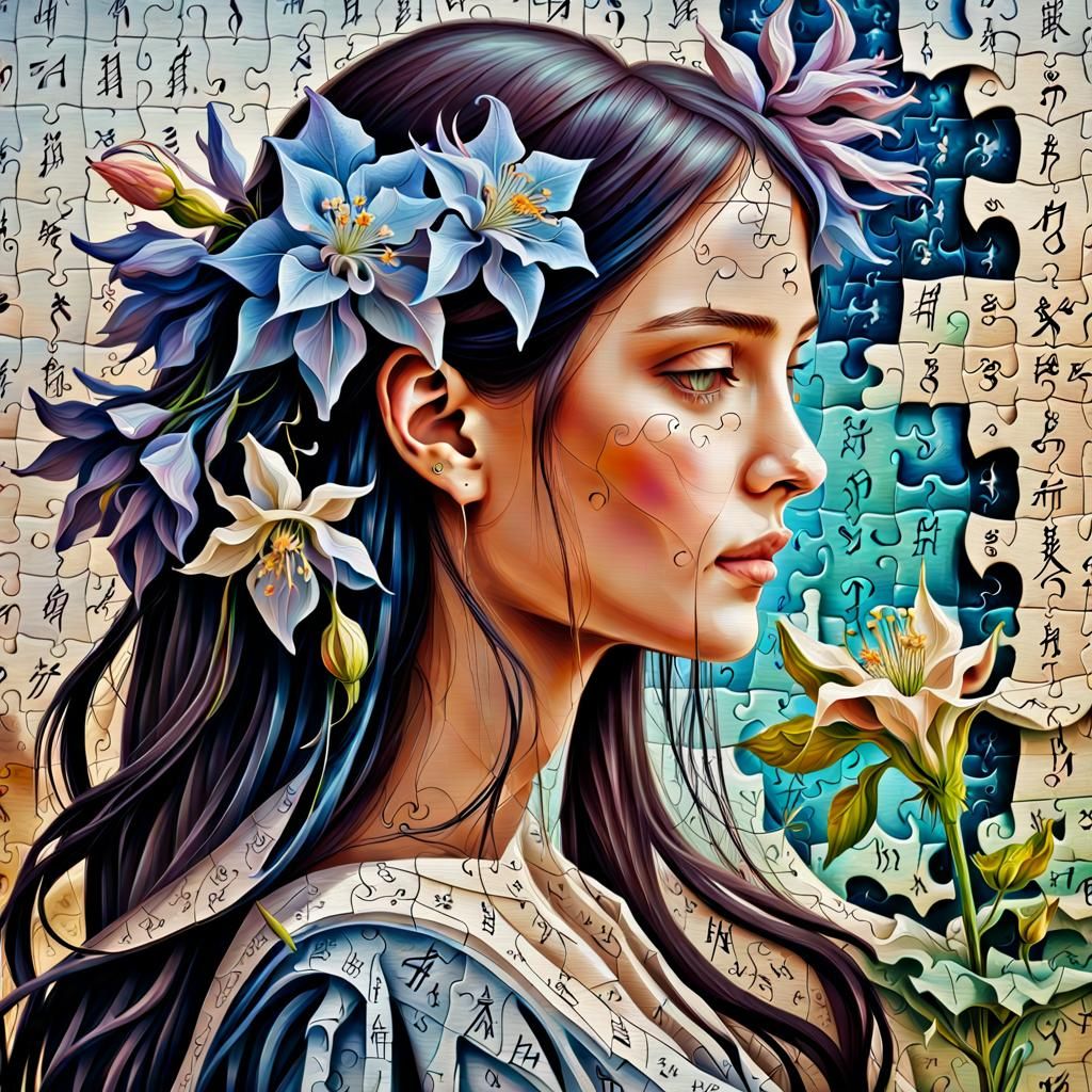 Girl's Profile in Puzzle Art with Hieroglyphs
