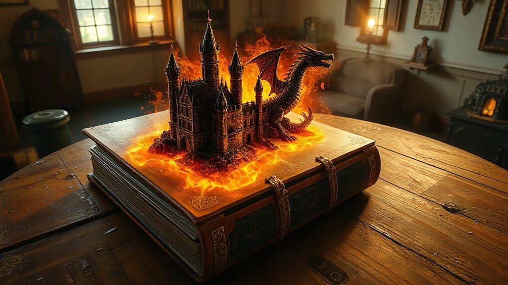 Ancient Book Reveals Magical Castle and Dragon in Sunset Haz...
