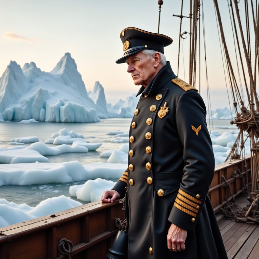 Historical Figure Stands Resolute in Arctic Landscape