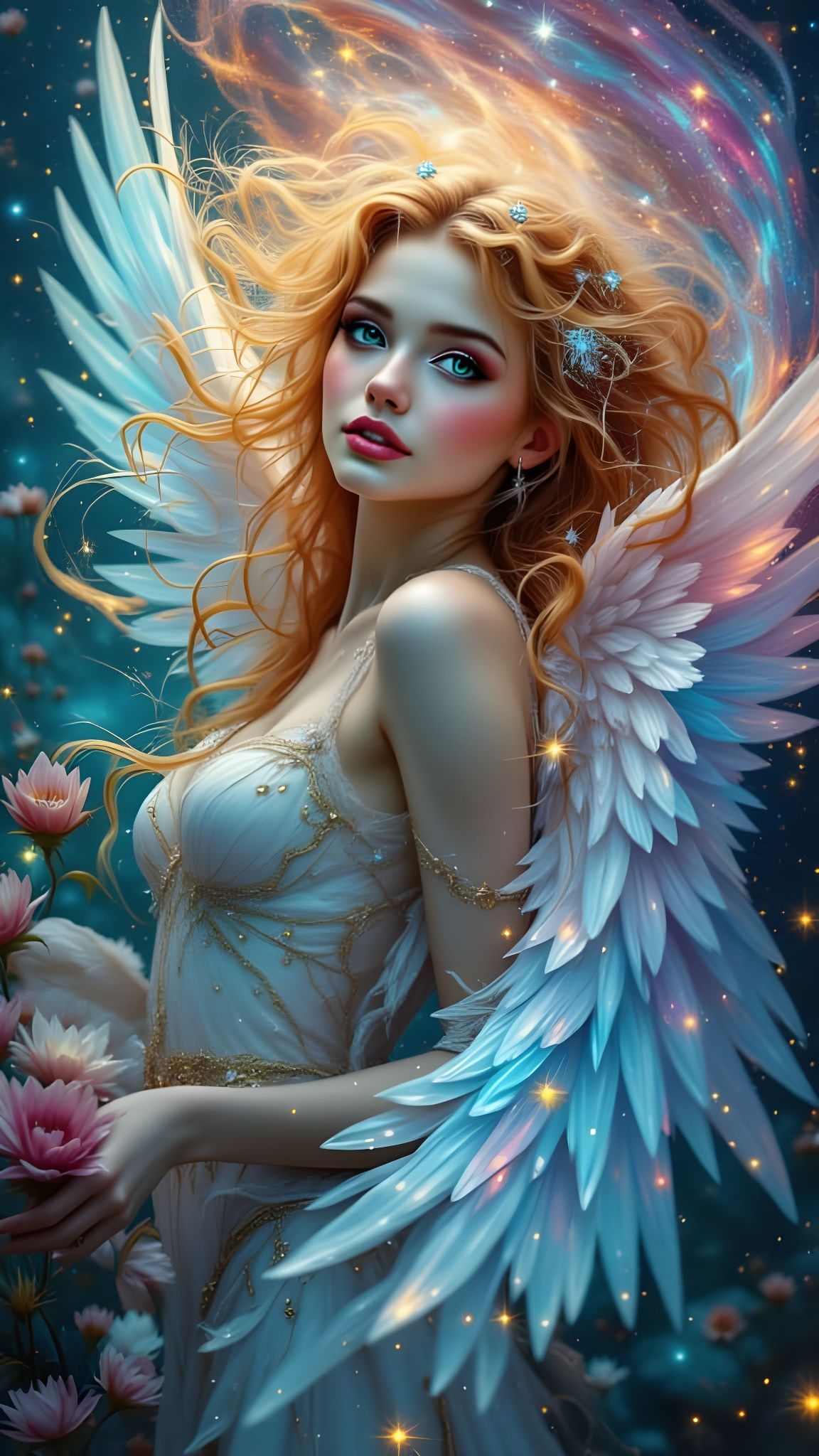 Angelic Being Amidst Cosmic Nebula and Crystals
