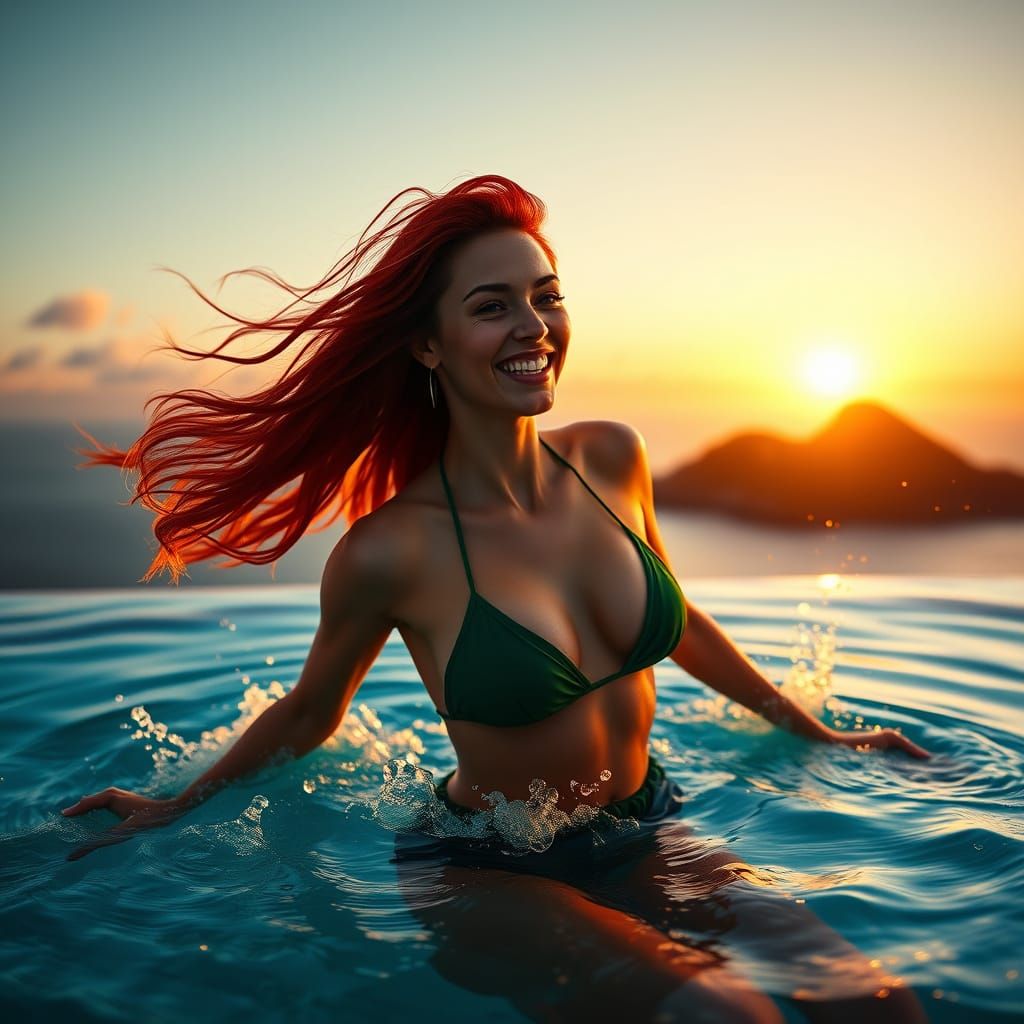 Redhead Woman Splashing in Infinity Pool at Sunset