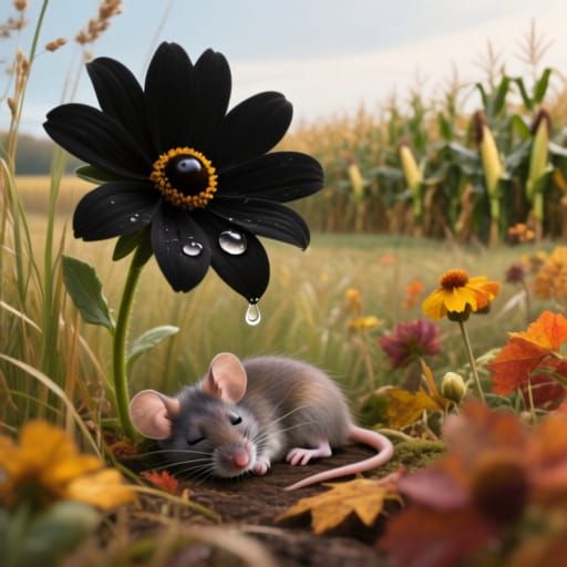 Mouse Sleeping Under Black Eyed Susan Flower in Autumn Field