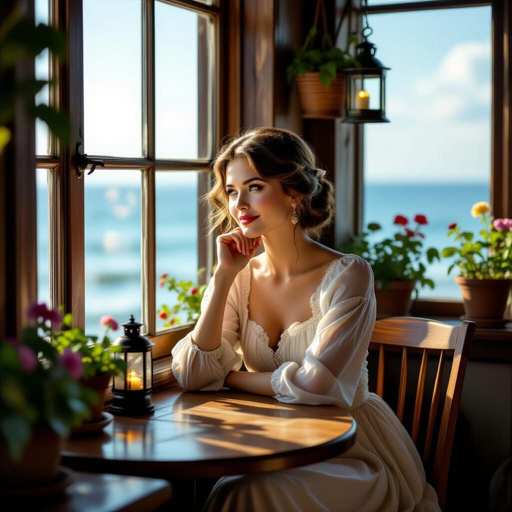 Elegant Woman in Mediterranean Cafe in Cinematic Realism