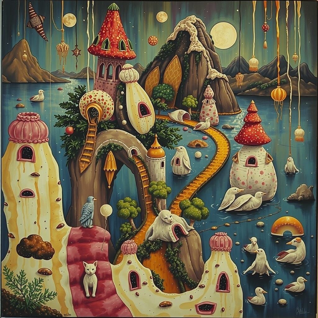 Dreamlike Amoeboid Landscape Painting in Pink, Blue, and Whi...