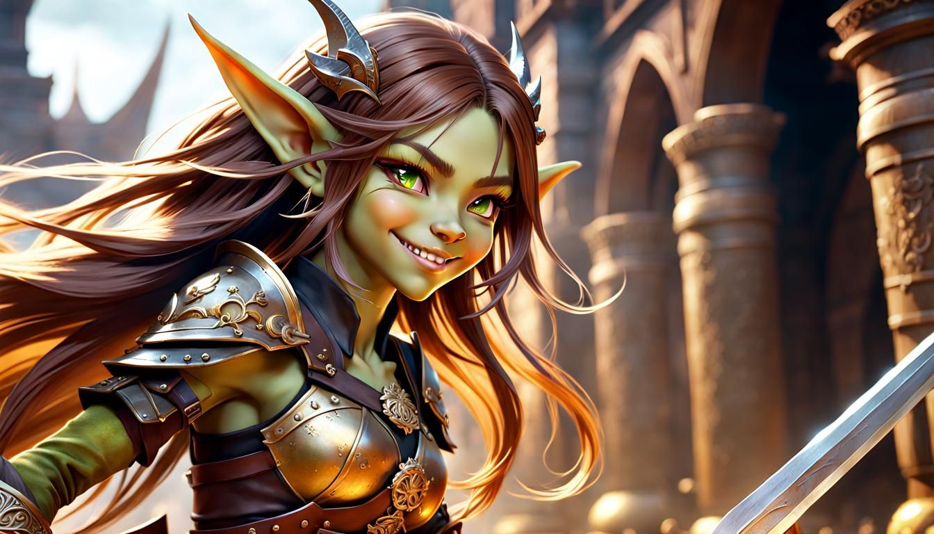 Beautiful Goblin Warrior on Fantasy Battlefield