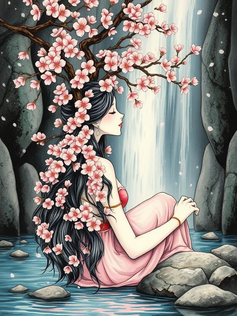 Cherry Blossom Dryad at Mountain Waterfall