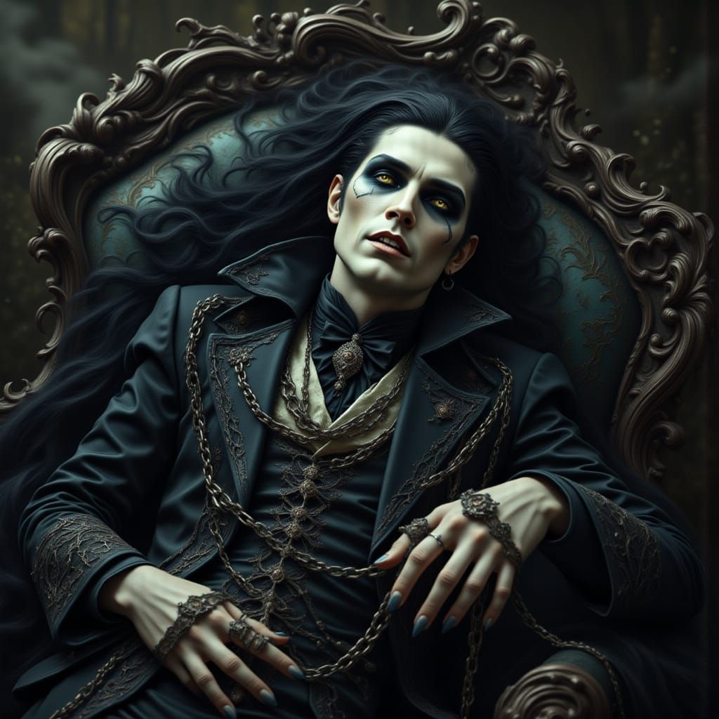 Gothic Vampire in Coffin with Sinister Smirk