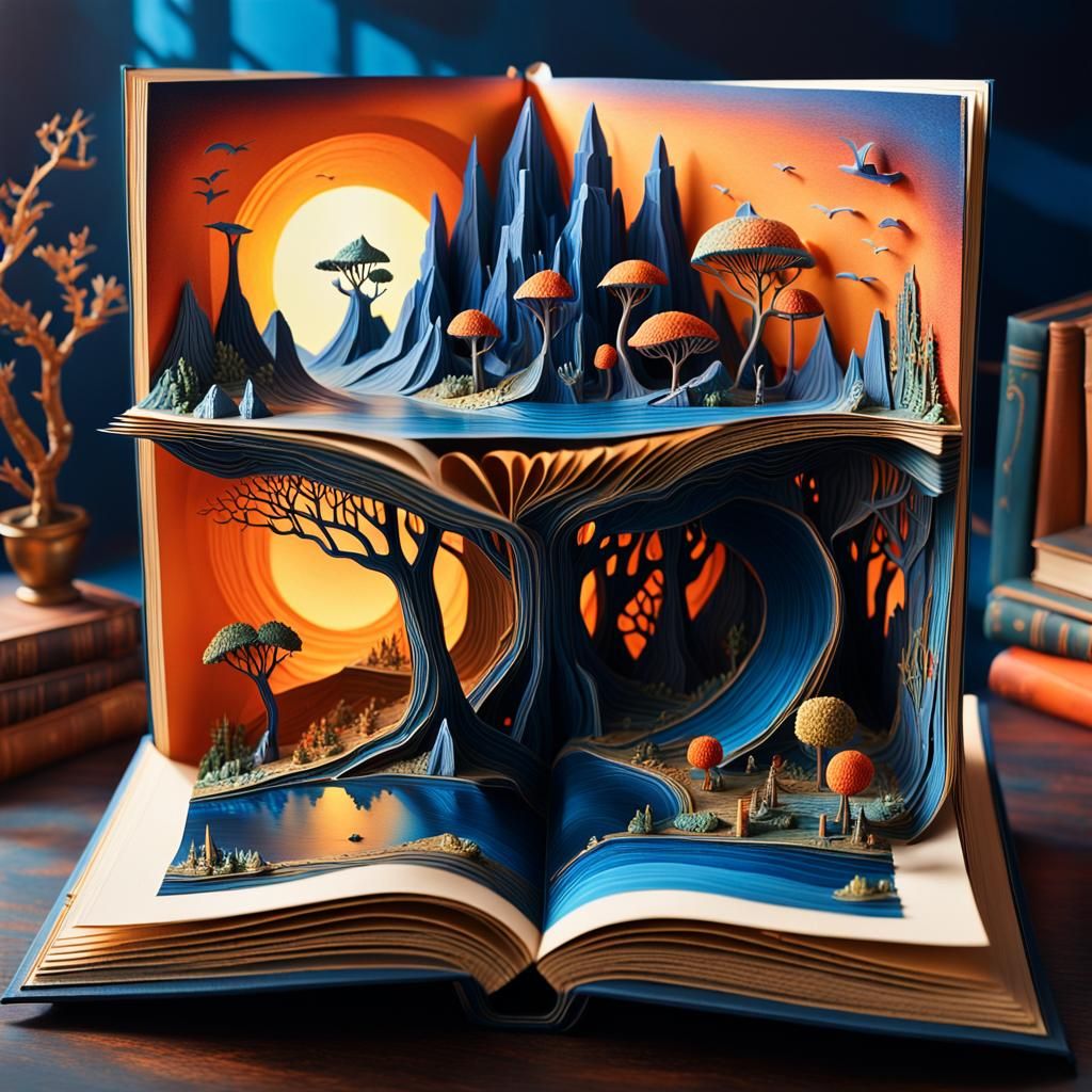 Surreal Pop-up Book with Vivid, Intricate Scenes in Oil Pain...