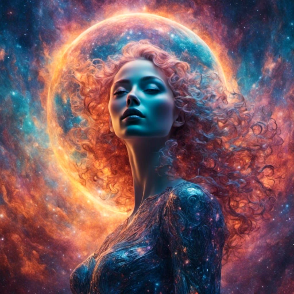 Translucent Galaxy Woman Holds the Sun