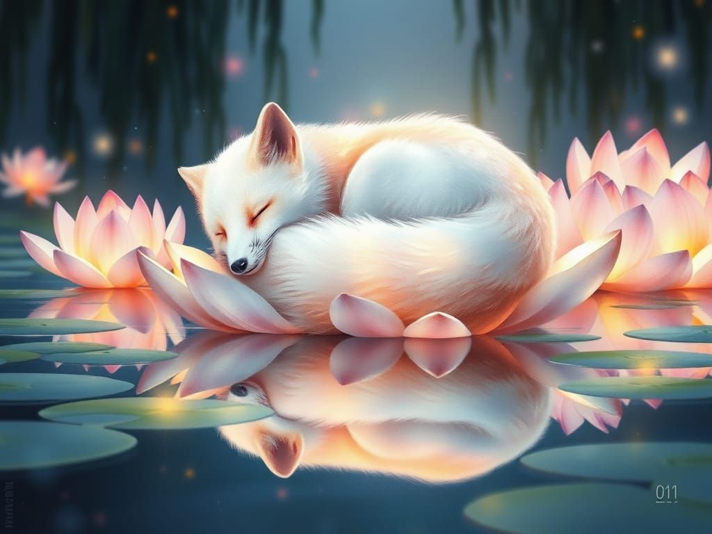 White Fox Asleep on Lotus Pond in Watercolor