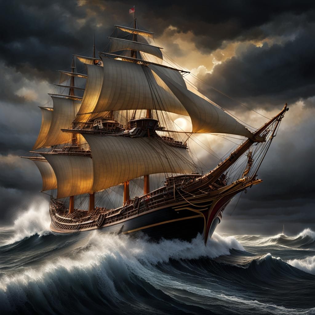 Sailing Ship on Stormy Sea: Photorealistic Matte Painting
