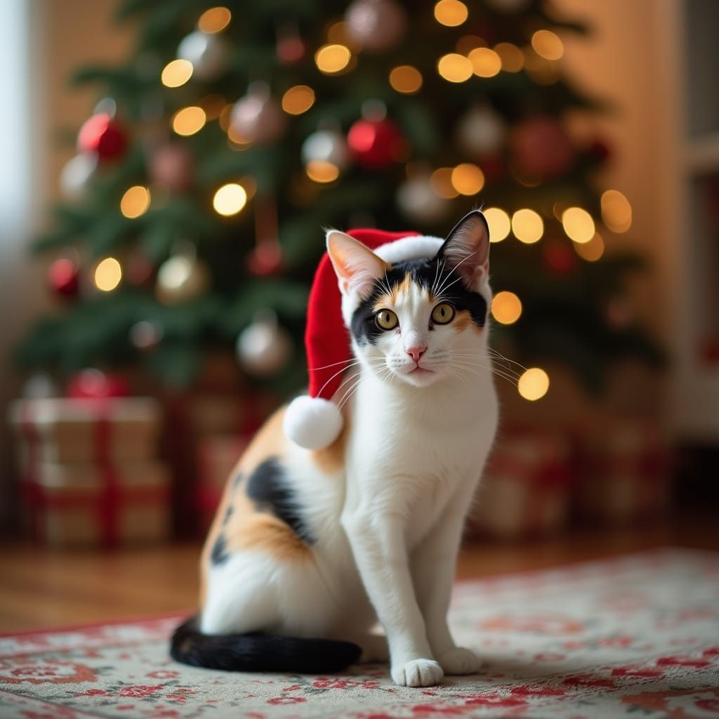 Cozy Christmas Scene with Adorable Calico Cat