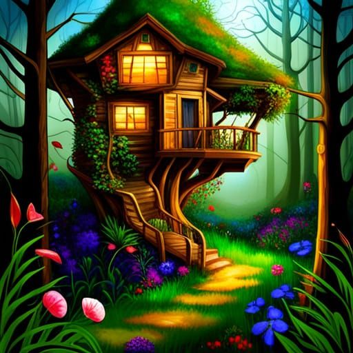 Whimsical Futuristic Treehouse Amidst Overgrown Nature