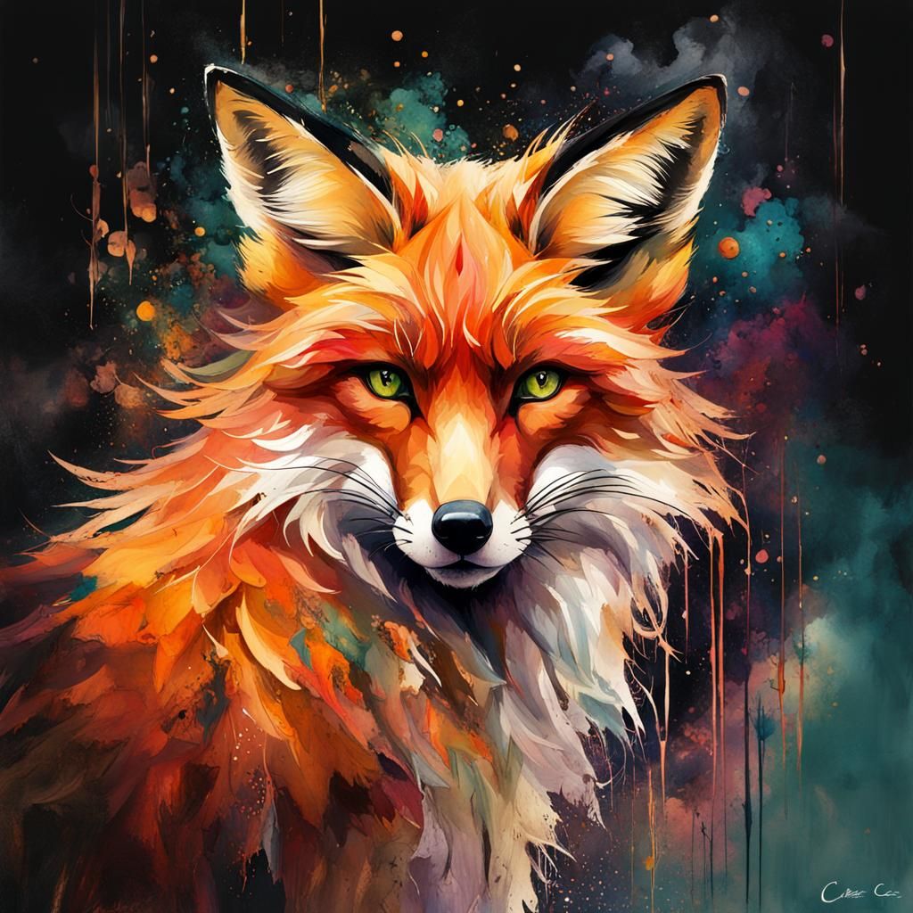 Dramatic Fox in Watercolor Fantasy Landscape