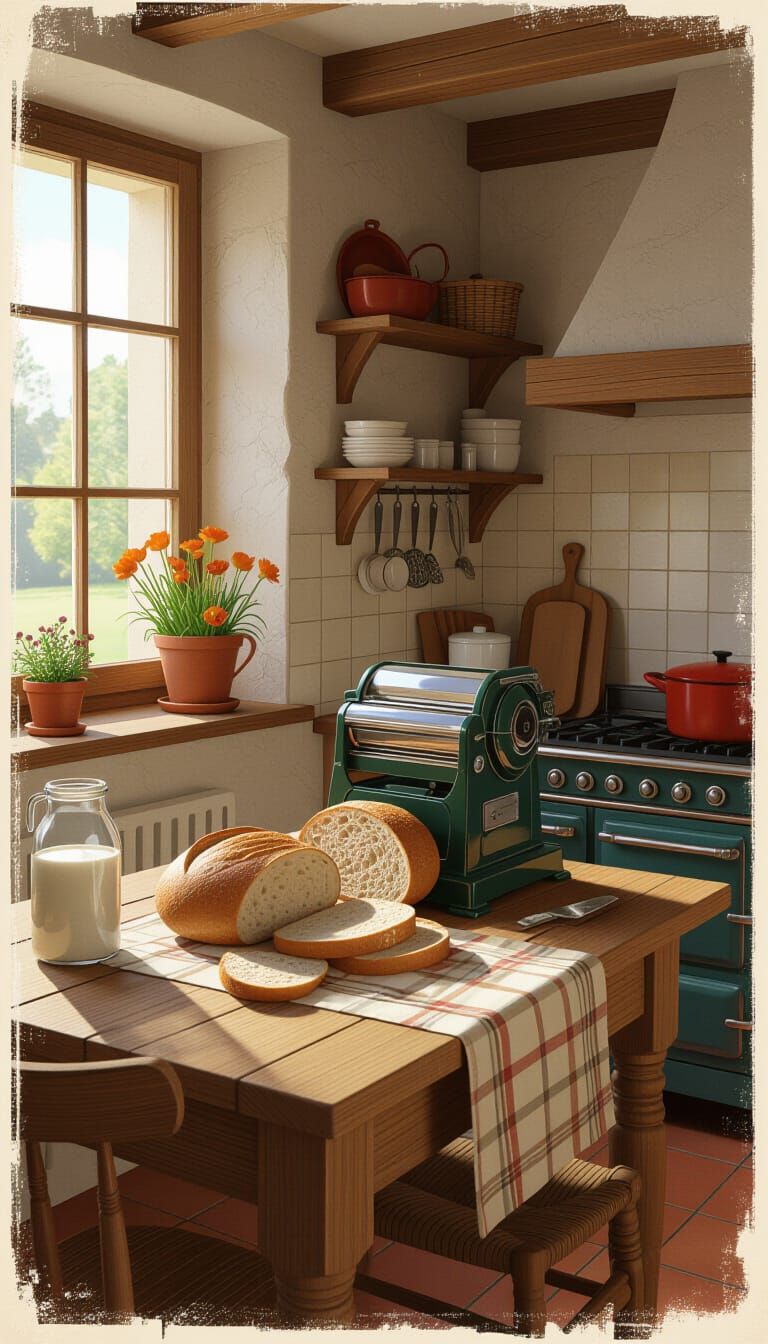 Rustic Kitchen Bread Slicing Scene