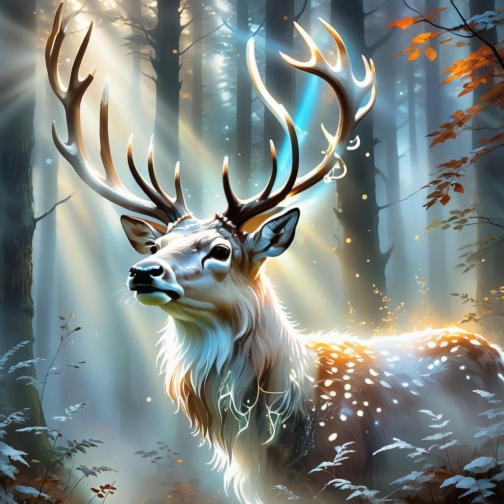 Luminescent Deer in Misty Forest: Ethereal Fantasy Art