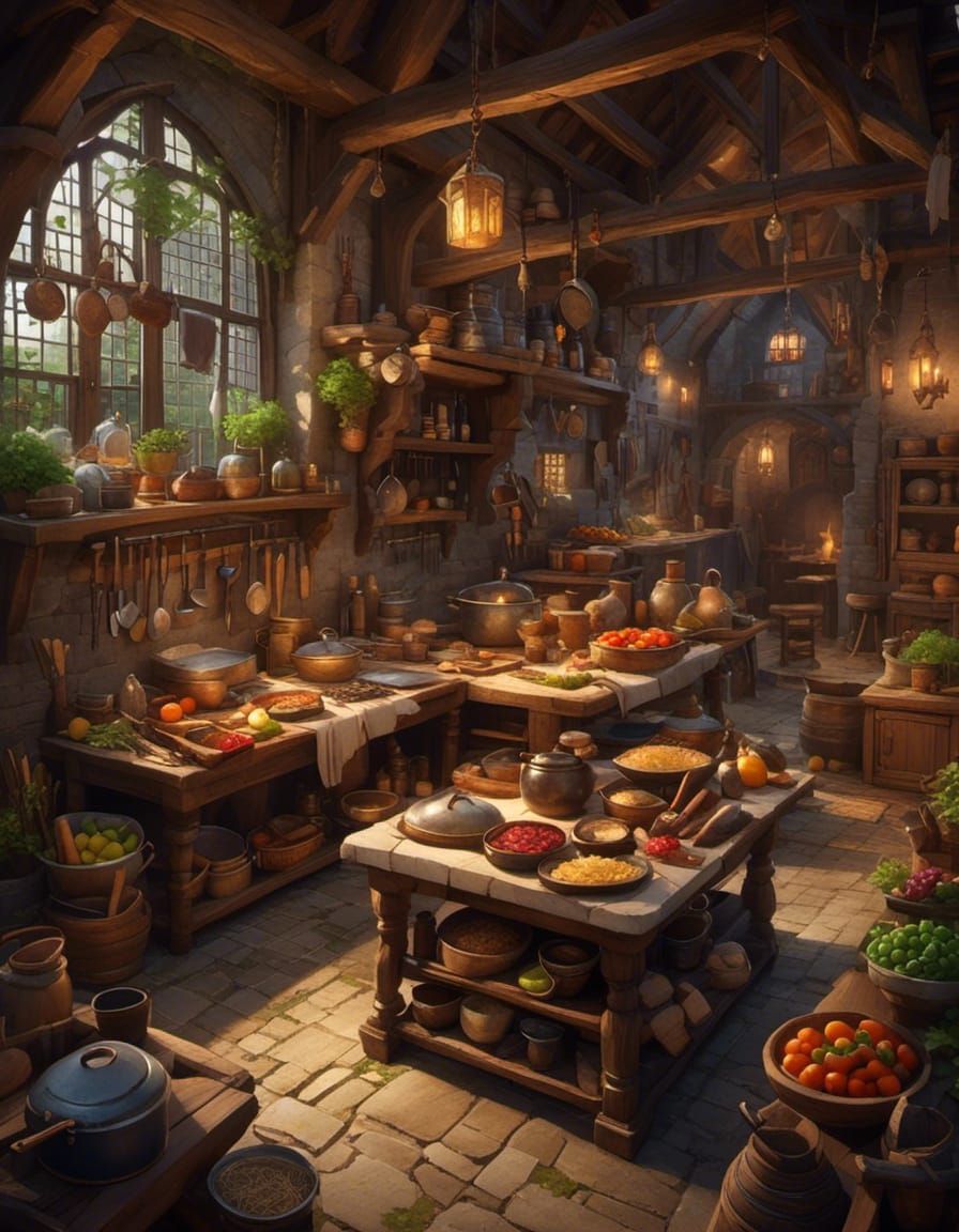 Medieval Kitchen Top-Down View: Detailed Matte Painting