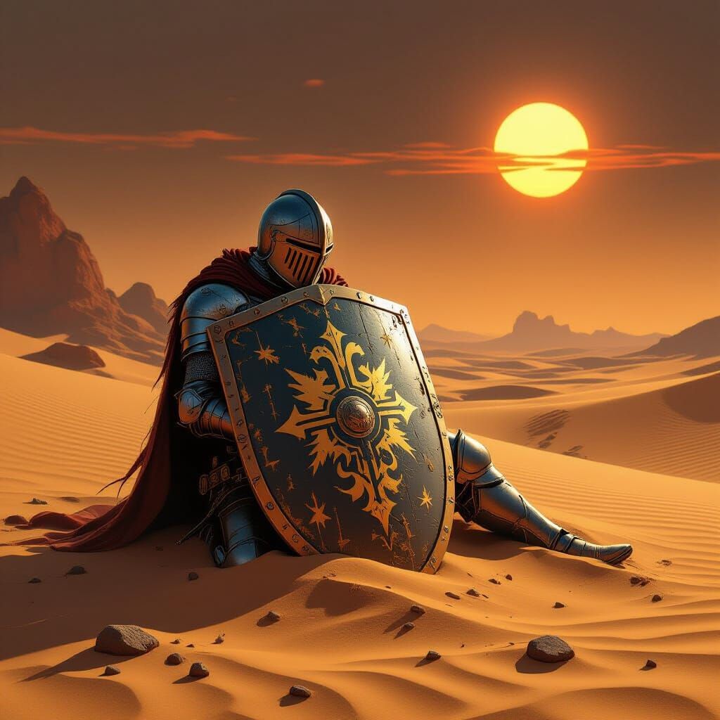 Knight's Shield in Alien Desert Under Binary Suns