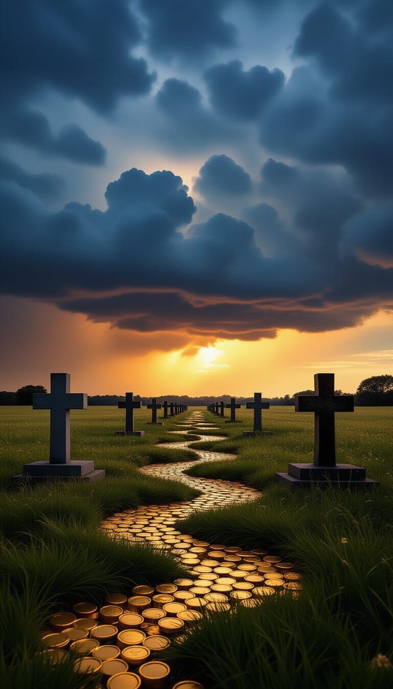 Broken Gold Necklace in Cemetery During Storm, Dark Art