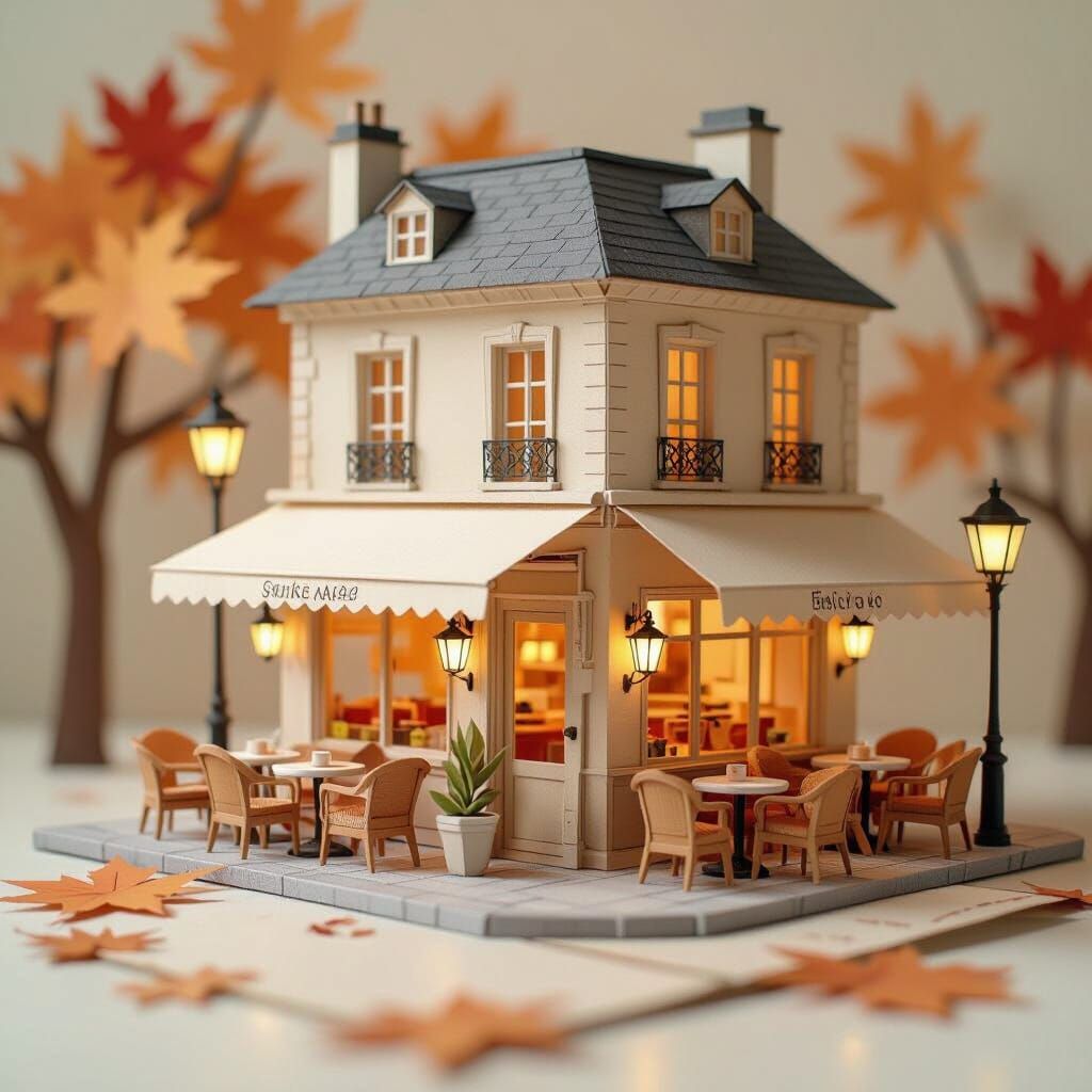 Parisian Cafe in Autumn Station, Origami Papercraft Style