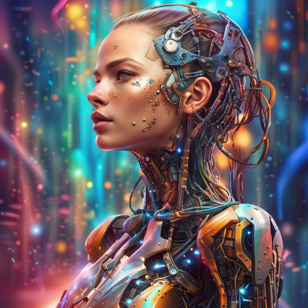 Cybernetic Girl: Hyperrealistic Splash Art Portrait