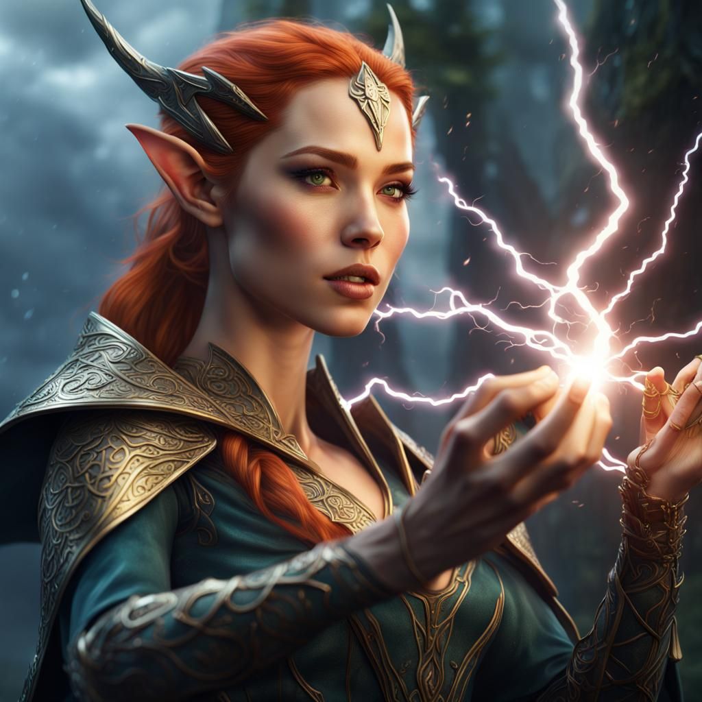 Elven Woman Conjuring Lightning: Fantasy Concept Art