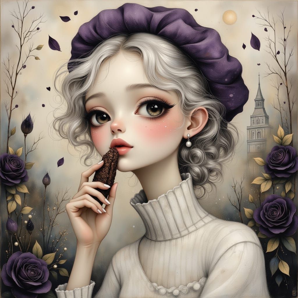 Ethereal Woman with Chocolate Biscotti in Art Nouveau Style