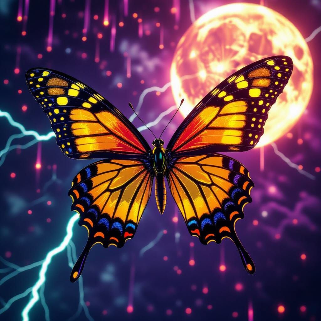 Biomechanical Butterfly in Cosmic Storm, a Digital Rendering