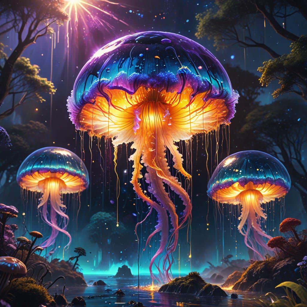 Galactic Jellyfish in Vibrant Oil Painting