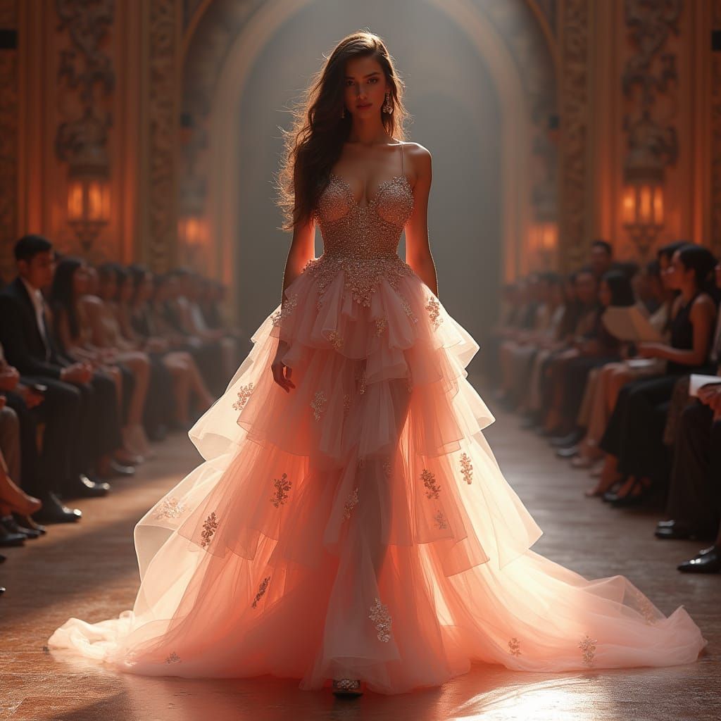 Confident Model Struts Down Majestic Catwalk in Lavish Tulle...